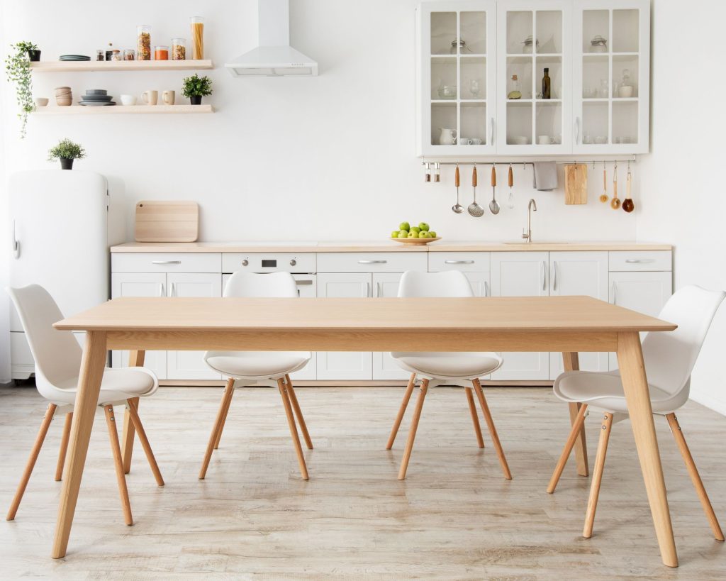 Kitchen area with a wooden table