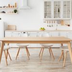 Kitchen area with a wooden table